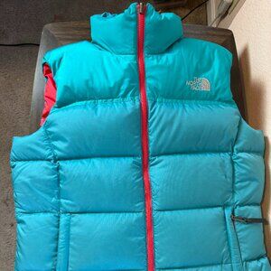 The North Face TNF Teal Blue Pink 700 Nuptse Down Puffer Vest Jacket Women Sz L